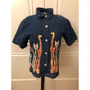Vintage DressBarn Cute Cat Appliqué Button Down